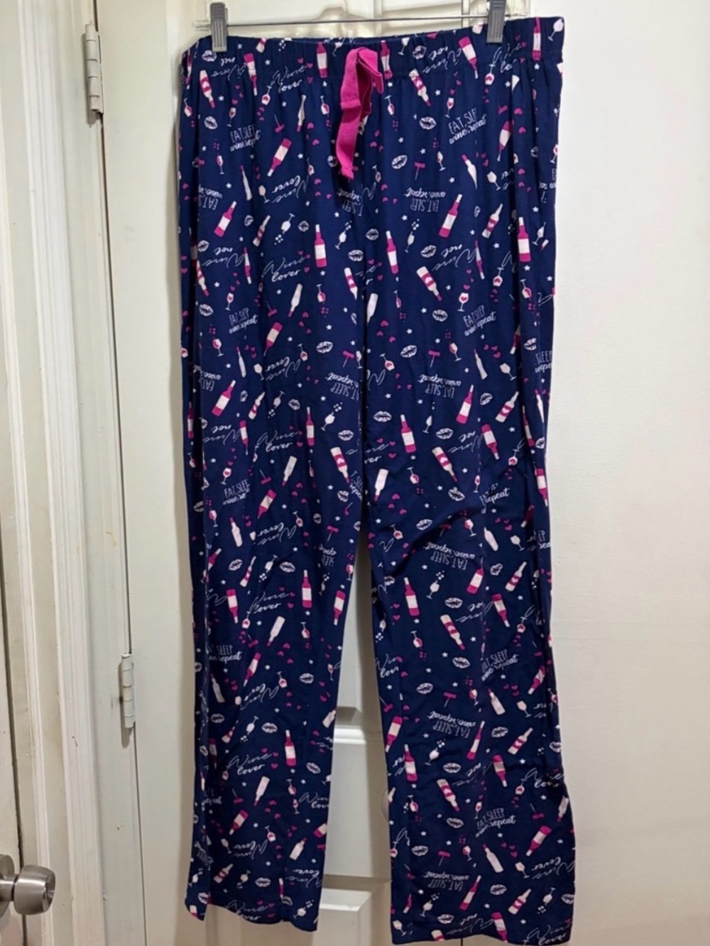 Be Yourself Navy Wine Bottle Print Pajama Pants eat, sleep and wine